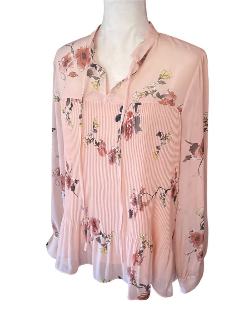 Pleione Blush Pink Floral Pleated Peasant Blouse Top Long Sleeve Size XL Boho - Picture 3 of 10